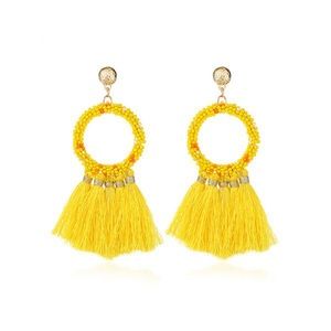 Beaded yellow hoop earrings with fringe